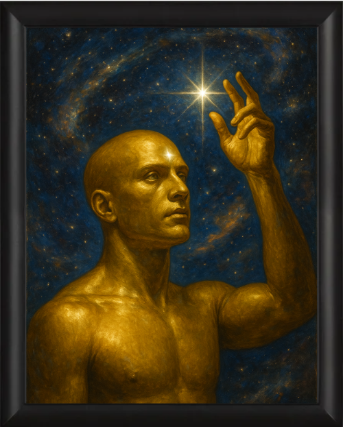Celestial Ascension – Framed Cosmic Gold Figure Poster (8.5x11)